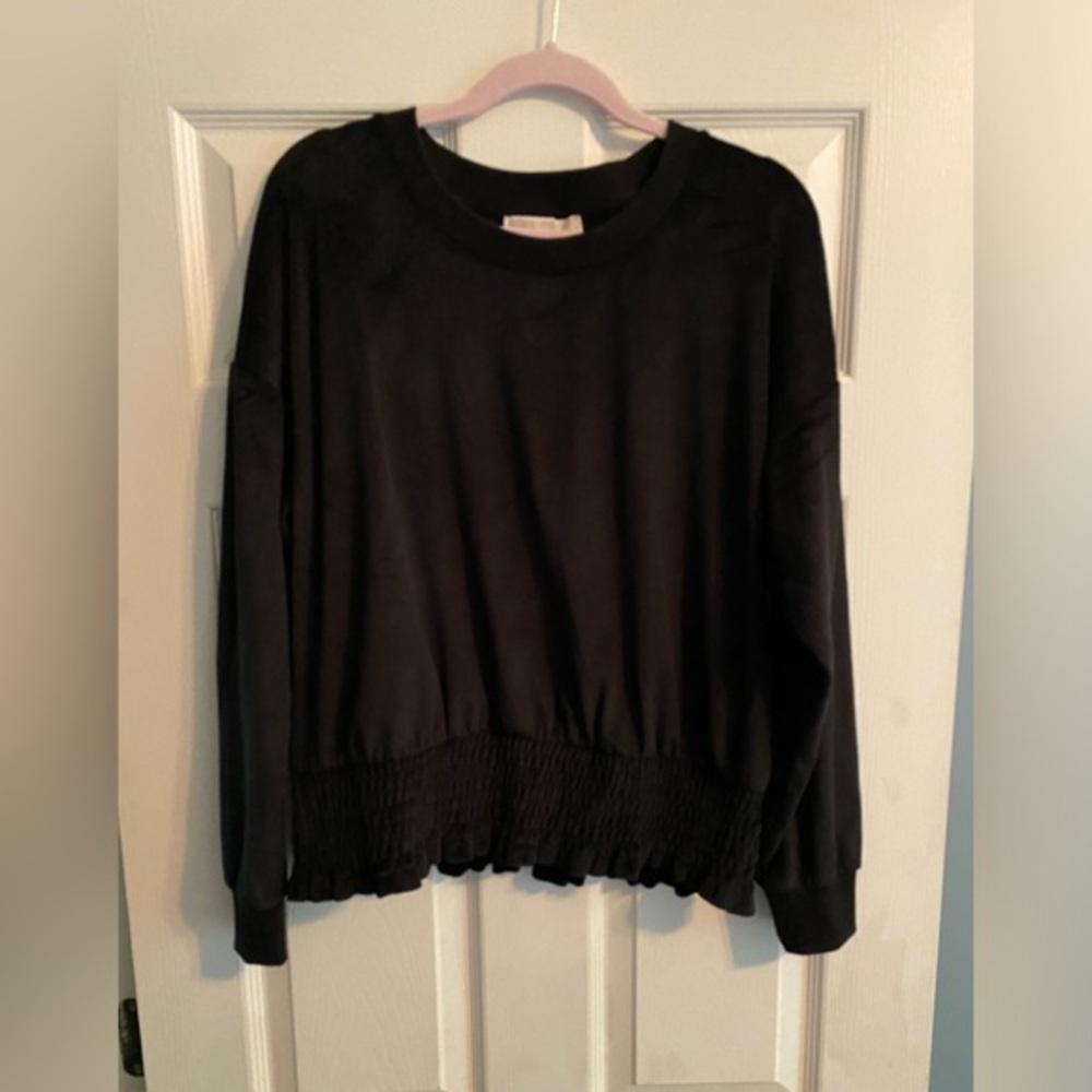 Michael Kors Black Long Sleeve Soft Velvet Like Sweater Ruched Waist Holiday